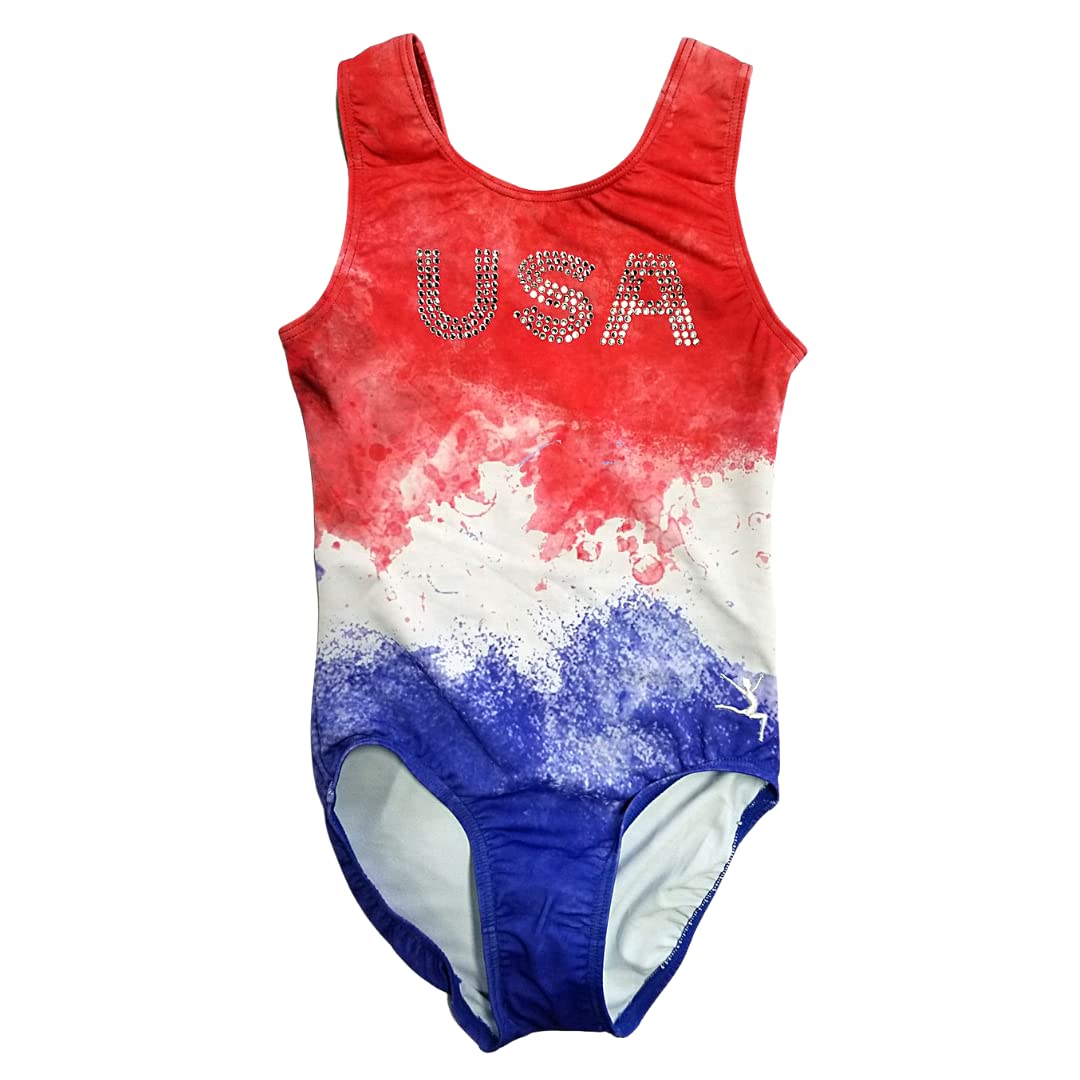 GymnasticsHQ Gymnastics Leotard for Girls - USA Red, White and Blue Rhinestone (CM)