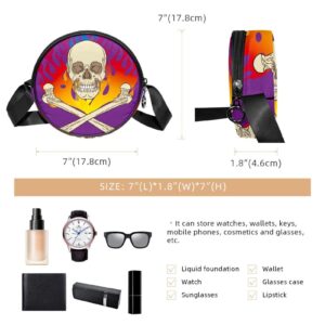 Skull Flame Purple Crossbody Bag for Women Teen Girls Round Canvas Shoulder Bag Purse Tote Handbag Bag