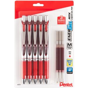 Pentel EnerGel Liquid Gel Ink Pens 0.7 mm - Pack of 5 Red Deluxe RTX Energel Pens with 3 Refills