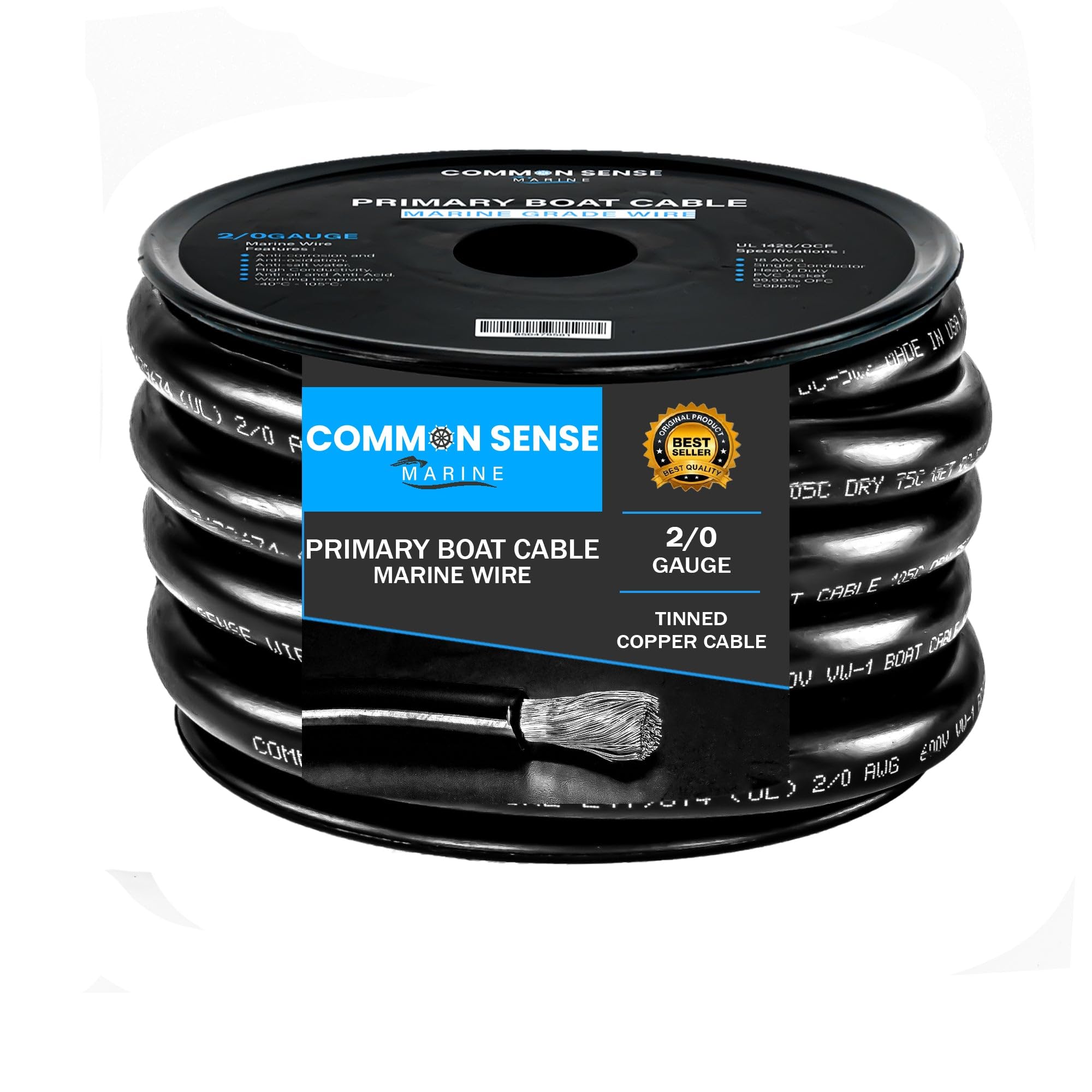 2/0 Gauge Primary Boat Cable - 20 ft Marine Grade Wire Tinned Oxygen-Free Copper - 2/0 AWG UL 1426 Standard PVC Wire for Boat, Automotive, Speakers, Camper & Trailers