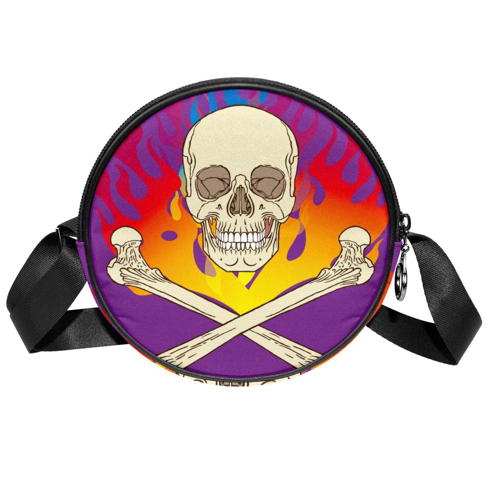 Skull Flame Purple Crossbody Bag for Women Teen Girls Round Canvas Shoulder Bag Purse Tote Handbag Bag