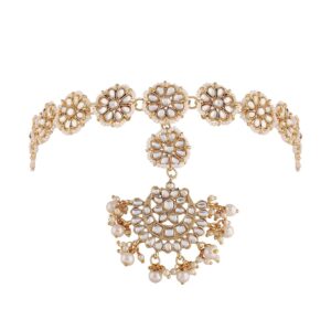 I Jewels 18k Gold Plated Indian Wedding Bollywood Floral Kundan Pearl Studded Rajasthani Sheeshphool/Mathapatti for Women (T2066W)