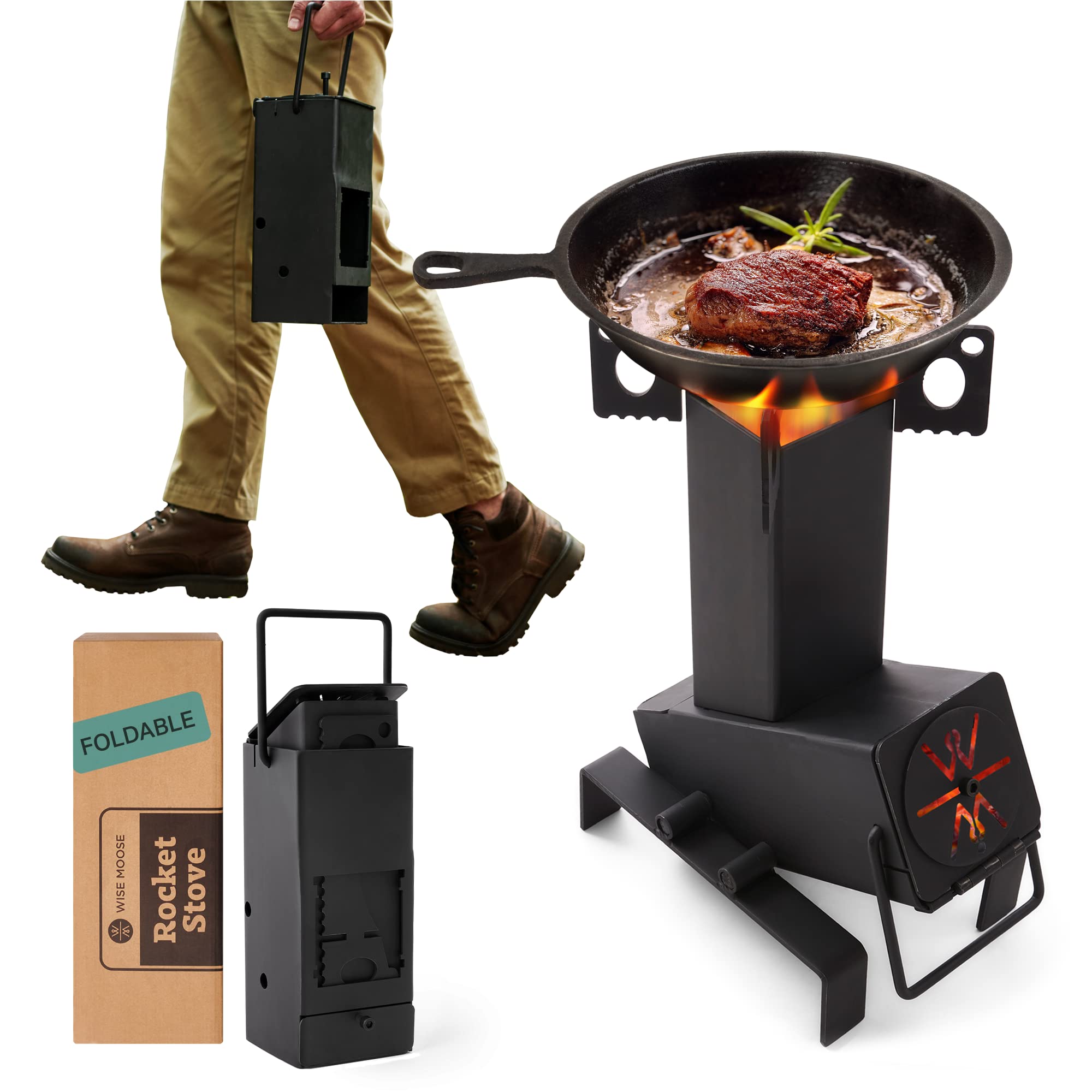 WISE MOOSE Rocket Stove for Cooking - Heavy-Duty Cast Iron Rocket Stove Wood Burning Portable, Mini Wood Stove, Wood Burning Heater, Wood Fire Camping Stove, Fire Tower, Portable Wood Burning Stove