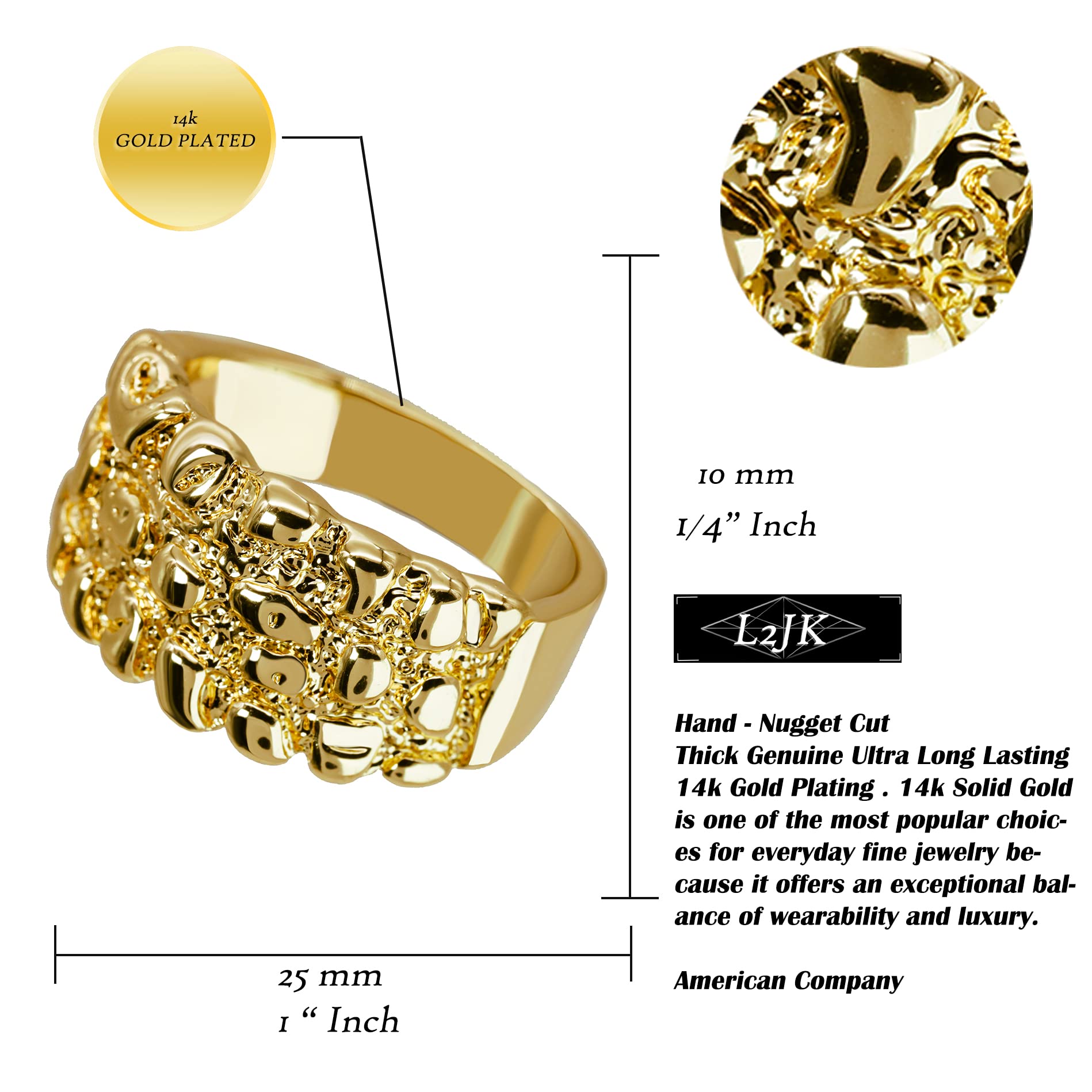 Nugget Ring 14k Gold Plated Yellow Pinky Pimp Finger Hip Hop Style For Man or Women Fashion - Size 7-12 (8)