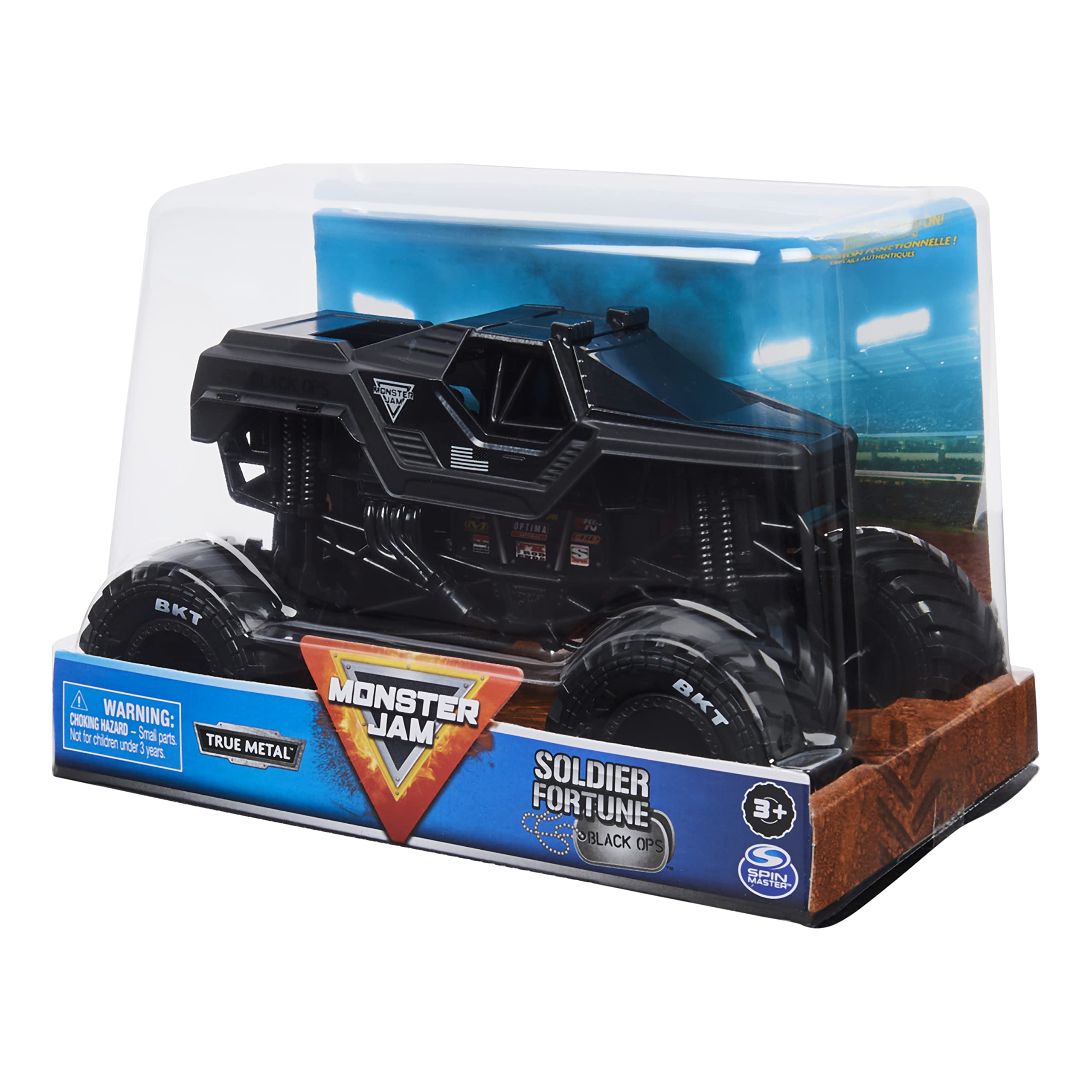 Monster Jam Official Soldier Fortune Truck, Retro Soldier Fortune Black Ops Collector 1:24 Scale Die-Cast Vehicle - Chrome Rims & BKT Tread Tires, Use In All Playsets - Collectible For Fans & Birthday