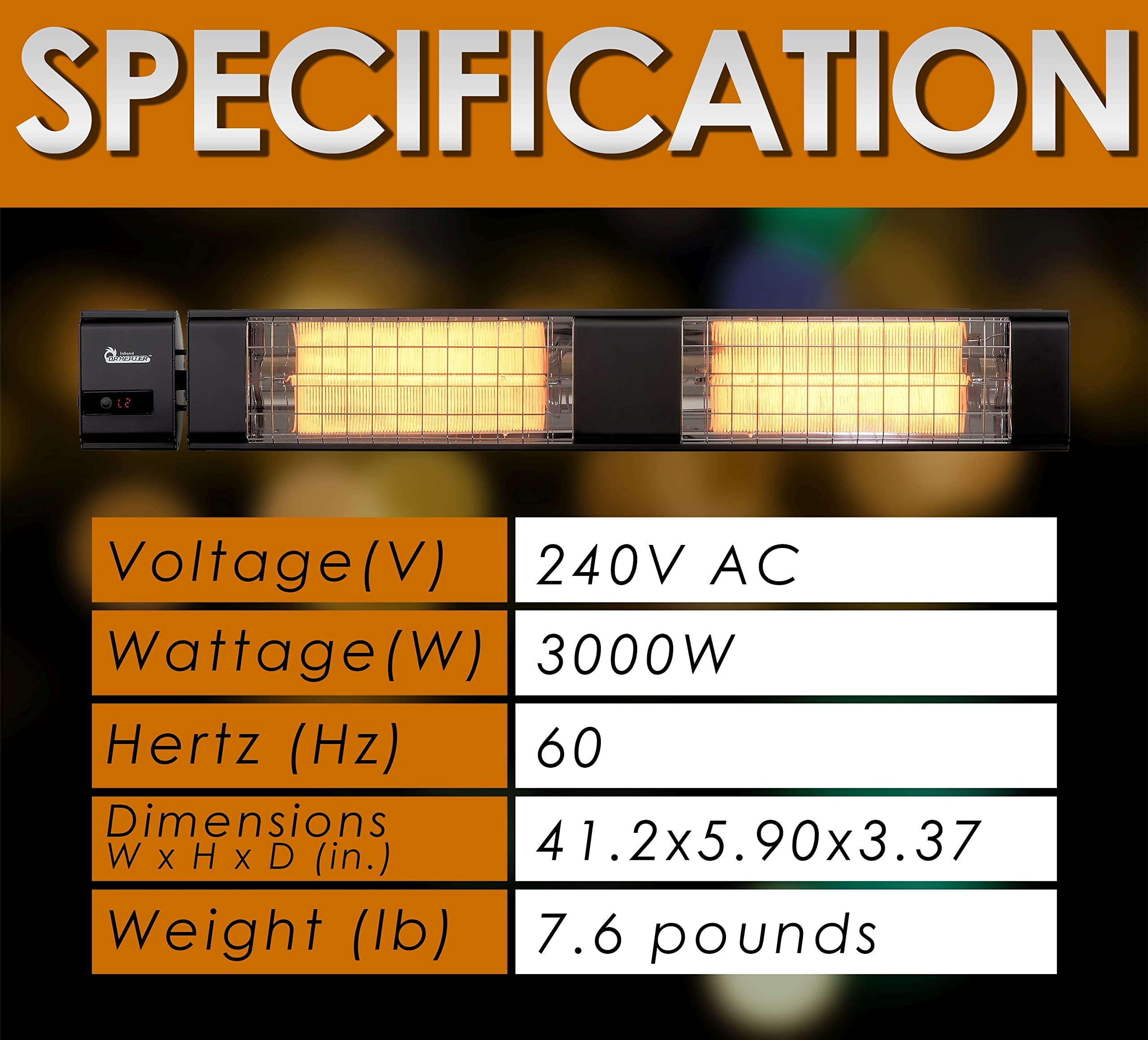 Dr. Infrared Heater 10,260 BTU Infrared Heater, Indoor and Outdoor Heater for Patio, Garage, Commercial & Residential, 3000W, 220-240V with Remote, Black