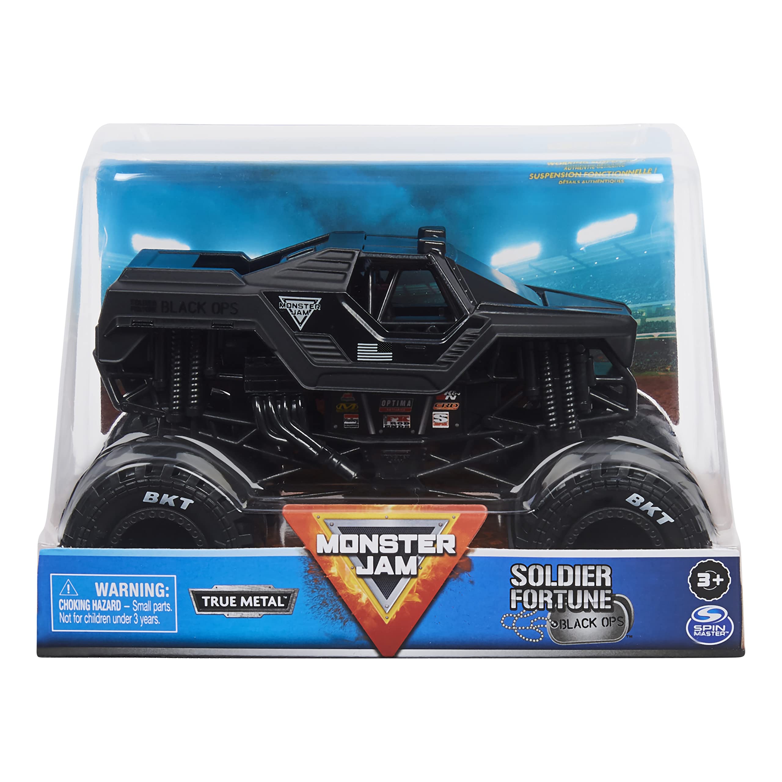 Monster Jam Official Soldier Fortune Truck, Retro Soldier Fortune Black Ops Collector 1:24 Scale Die-Cast Vehicle - Chrome Rims & BKT Tread Tires, Use In All Playsets - Collectible For Fans & Birthday