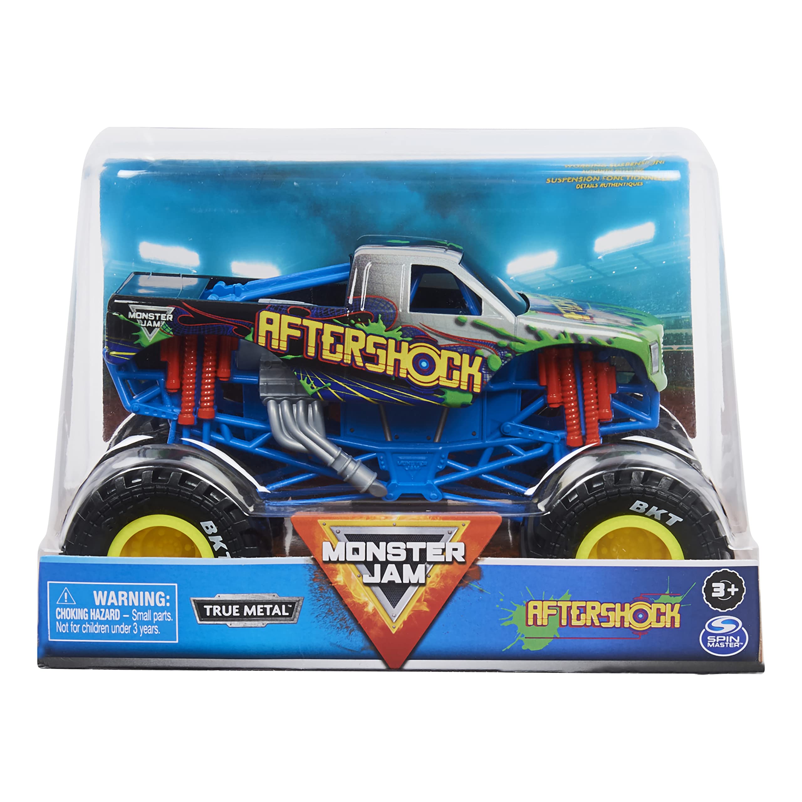 Monster Jam Official Aftershock Monster Truck - Aftershock Collector 1:24 Scale Die-Cast Vehicle - Chrome Rims and BKT Tread Tires For Use In All Playsets - Collectible For Fans & Birthday Parties