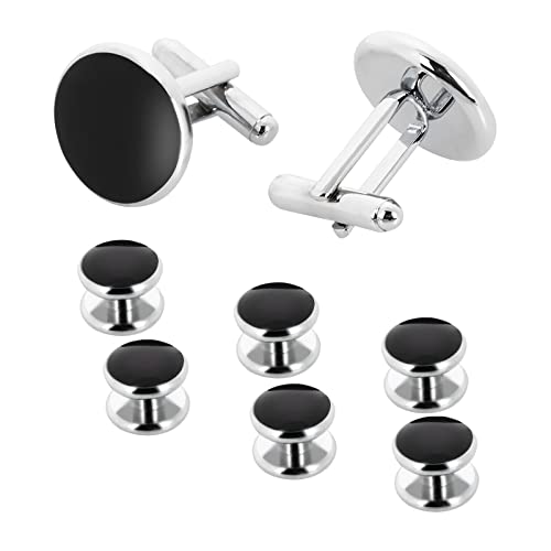 Yolev Mens Cufflinks and Studs Set Tuxedo Shirts Cuff links Black Onyx Cufflinks for Men, Classic Tuxedo Buttons Match for Business Wedding Formal Suit