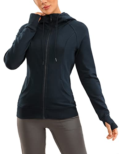 CRZ YOGA Women's Full Zip Hooded Sweatshirts Workout Sweat Jackets Slim Fit Running Track Hoodies with Thumbholes True Navy Large