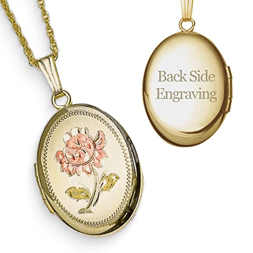 PicturesOnGold.com Personalized 14K Gold Filled Rose Oval Locket Custom Photo Necklace for Women and Men 3/4 Inch X 1 Inch (Locket+Engraving)