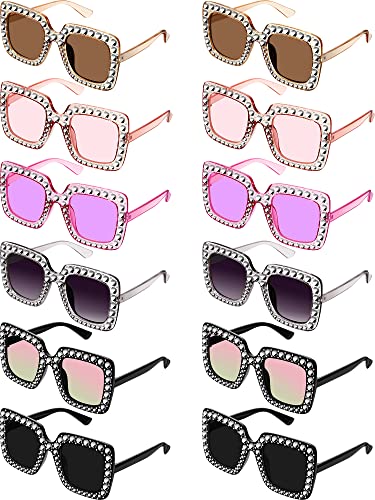 12 Pairs Crystal Oversized Sunglasses Rhinestone Square Diamond Sunglasses Frame Retro Sparkling Glasses for Women Men(Bright Colors)