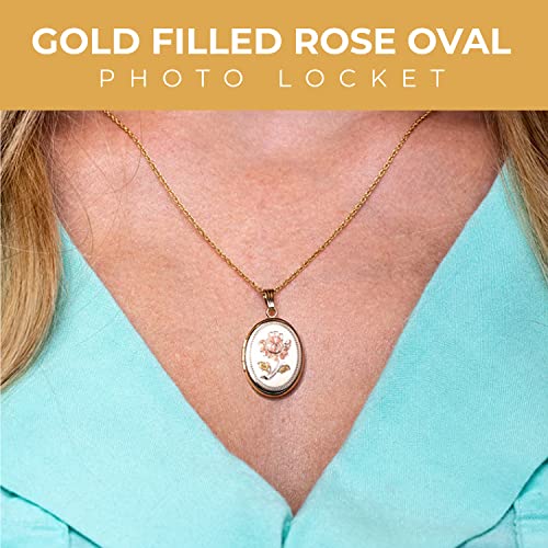 PicturesOnGold.com Personalized 14K Gold Filled Rose Oval Locket Custom Photo Necklace for Women and Men 3/4 Inch X 1 Inch (Locket+Engraving)