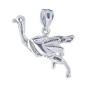 Sterling Silver Ostrich Charm Pendant High Polish Finish with 18 inch necklace (With 18 inch Sterling Silver Rolo Chain)