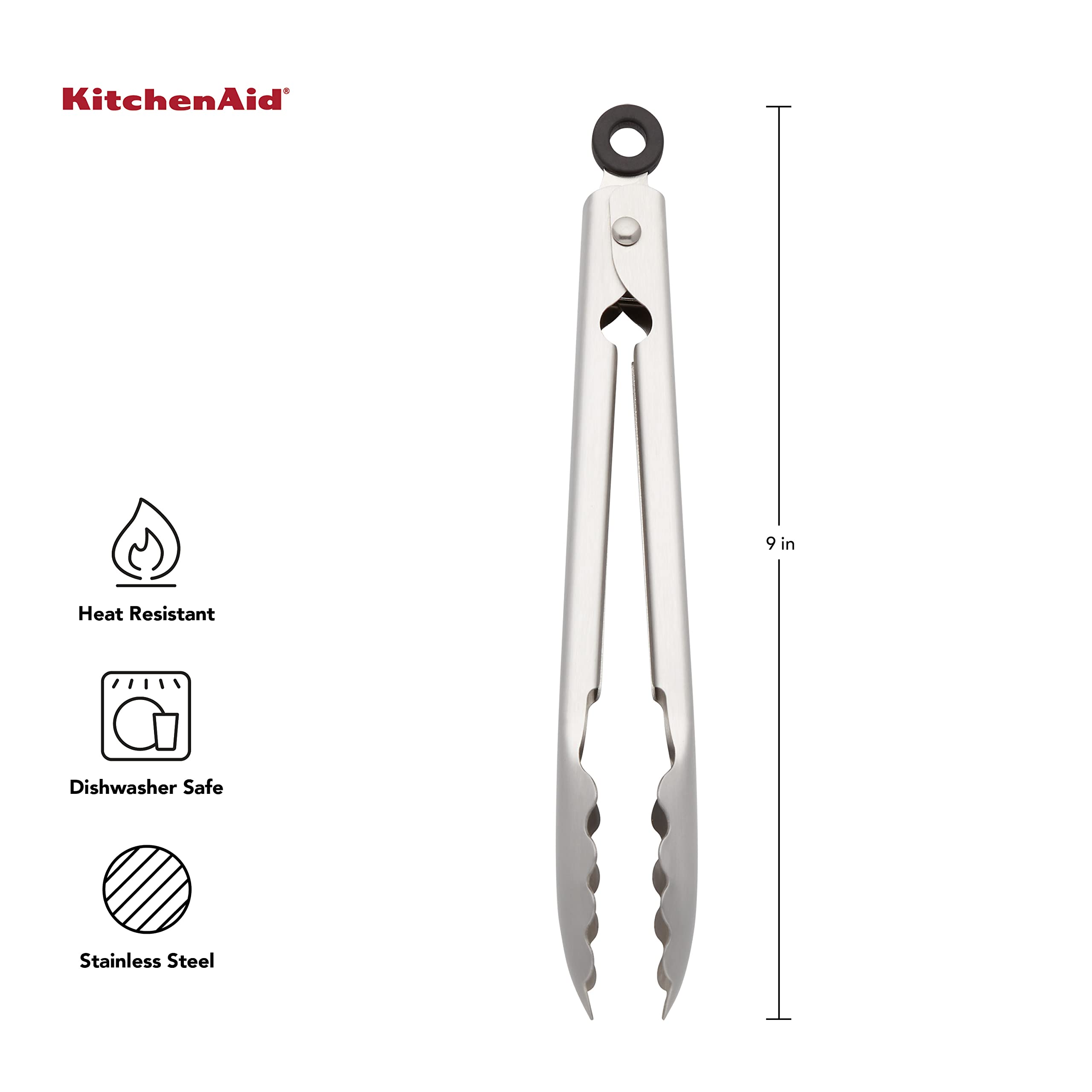 KitchenAid Gourmet Stainless Steel Serving Tongs with Hang Hook and Secure Closing Lock, 9 Inch, Stainless Steel