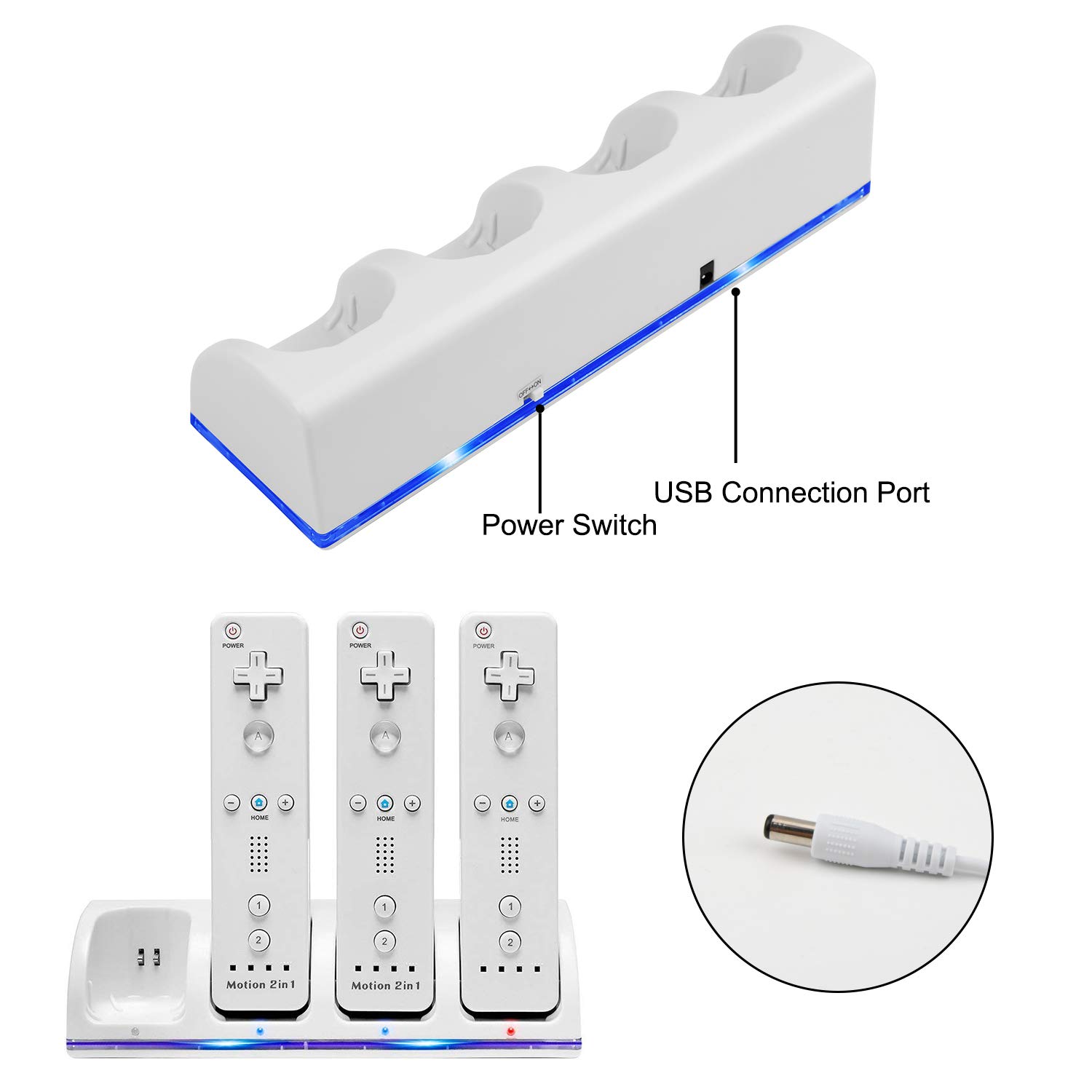 Upgraded Wii Remote Controller Covanm 4 Port Wii Charging Station with 4 Rechargeable Battery for Wii (4 Port Charging Station+4 Replacement Batteries+USB Cable+Free USB Wall Charger