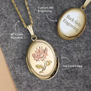 PicturesOnGold.com Personalized 14K Gold Filled Rose Oval Locket Custom Photo Necklace for Women and Men 3/4 Inch X 1 Inch (Locket+Engraving)