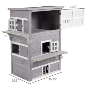 PawHut 3-Story Cat House Feral Cat Shelter, Outdoor Kitten Condo with Raised Floor, Asphalt Roof, Escape Doors, Jumping Platforms, Gray