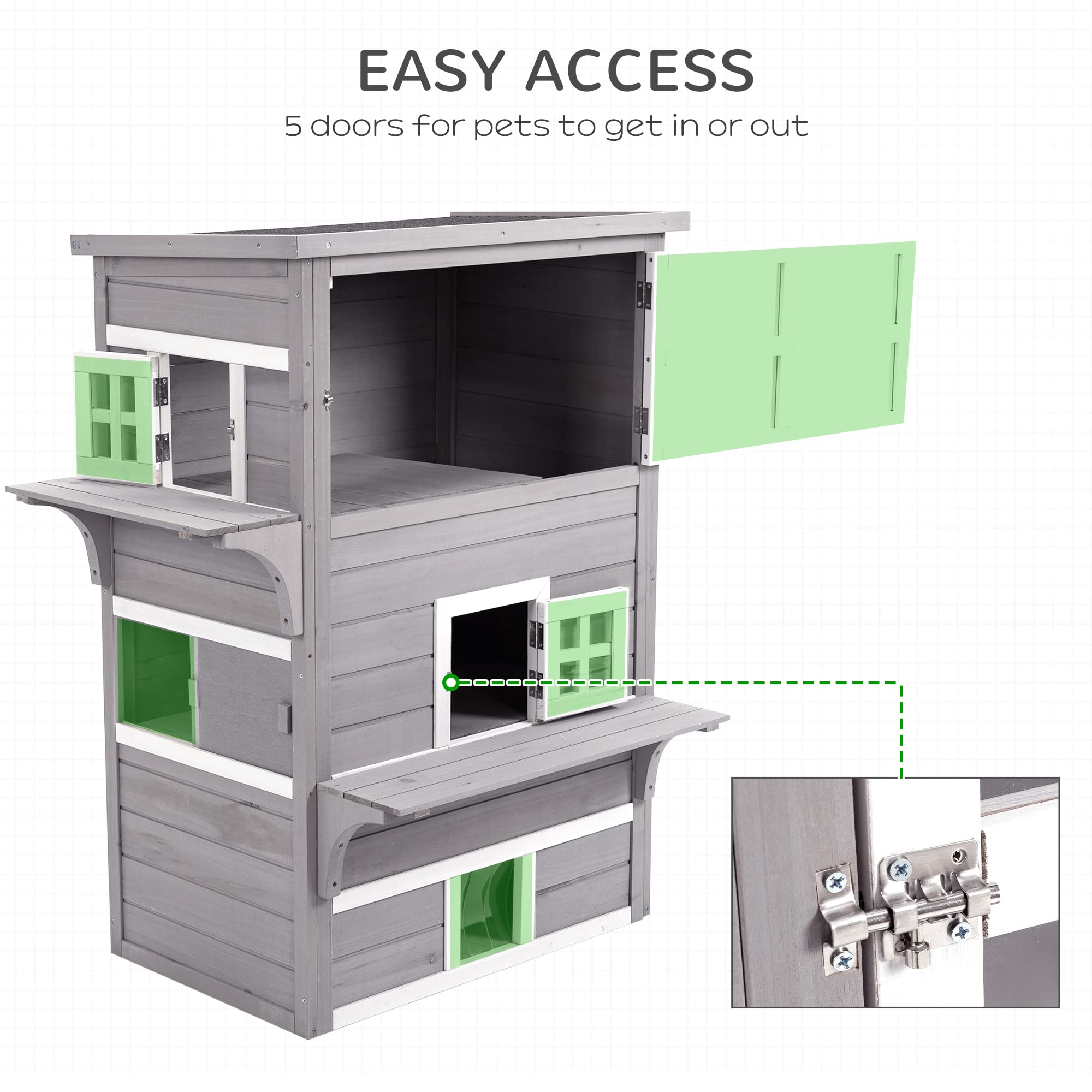 PawHut 3-Story Cat House Feral Cat Shelter, Outdoor Kitten Condo with Raised Floor, Asphalt Roof, Escape Doors, Jumping Platforms, Gray