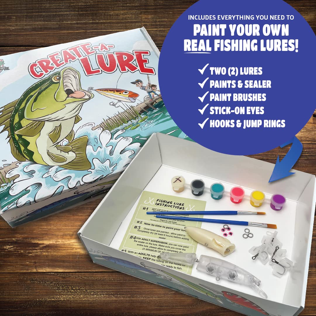 Create-A-Lure Top Water Edition Lure Making Kit, Paint Your Own Fishing Lures, Kids Painting Crafts with 2 Lures, Kid-Safe Washable Paint Colors, Paint Brushes and Hooks