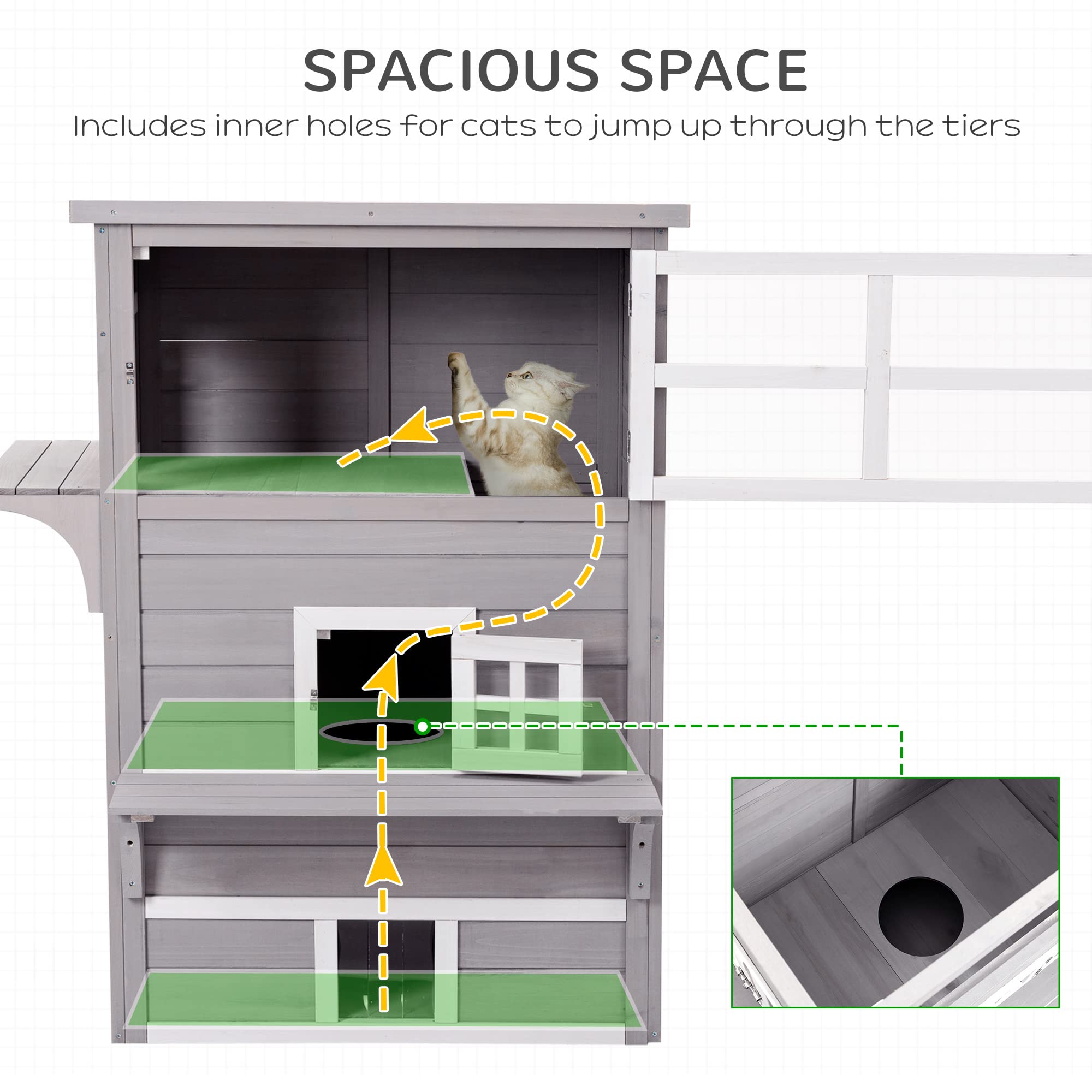 PawHut 3-Story Cat House Feral Cat Shelter, Outdoor Kitten Condo with Raised Floor, Asphalt Roof, Escape Doors, Jumping Platforms, Gray