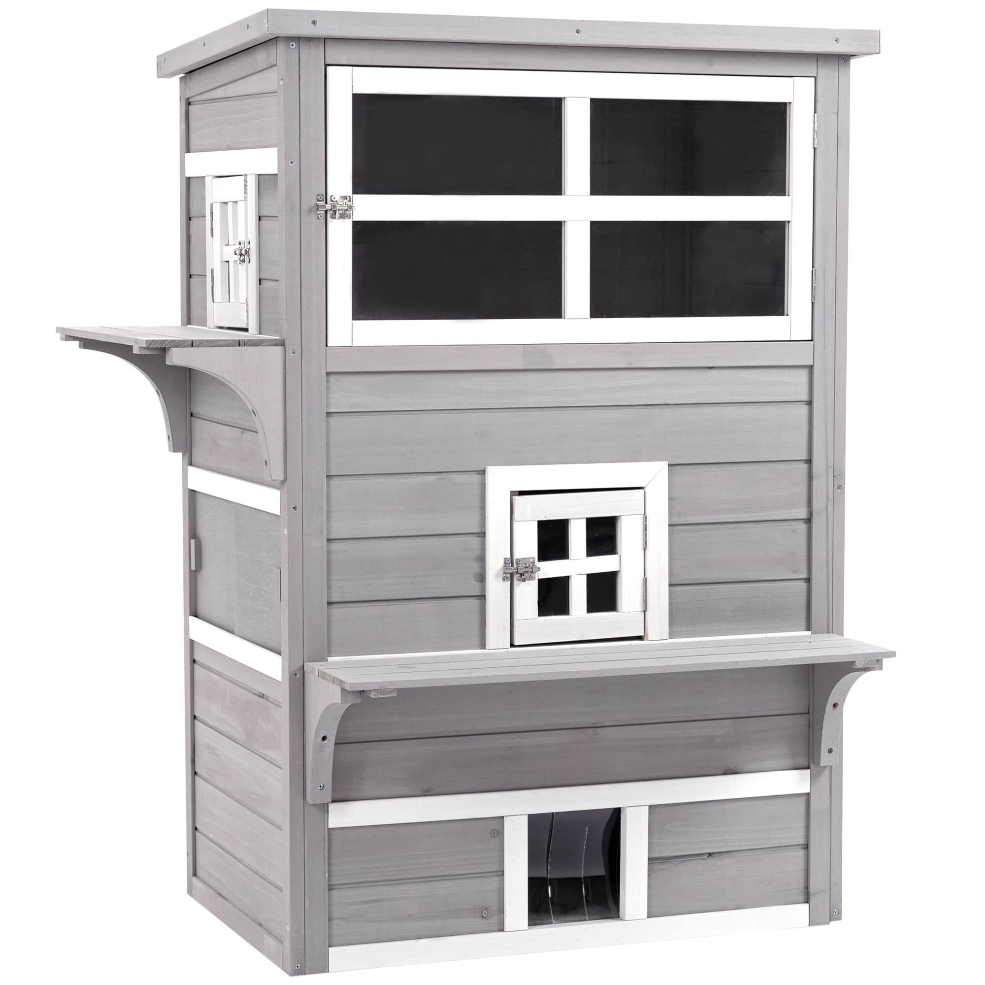 PawHut 3-Story Cat House Feral Cat Shelter, Outdoor Kitten Condo with Raised Floor, Asphalt Roof, Escape Doors, Jumping Platforms, Gray