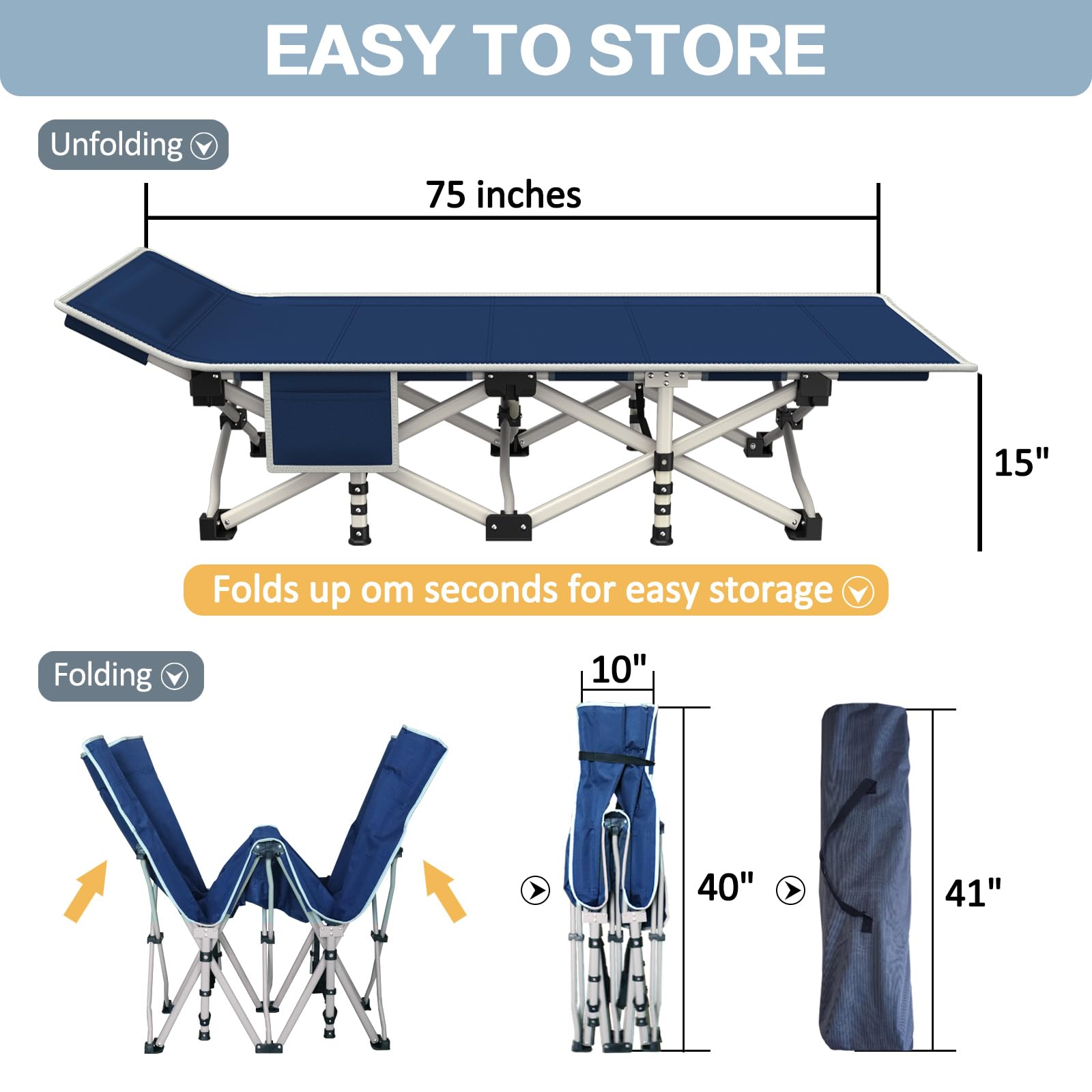 GETOVIN Cot XL Camping Cot with Thick Pad Oversize Cots for Sleeping Camping Bed Folding Cot 450LBS(Max Load) Comfortable Double Layer Oxford Heavy Duty with Carry Bag for Home Outdoor Travel