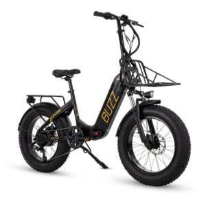 buzz centris 20” fat tire folding ebike, off road ebike, 500w rear hub motor, class 2 ebike 20 mph pedal assist and throttle, 6-speed shimano twist shifting, black