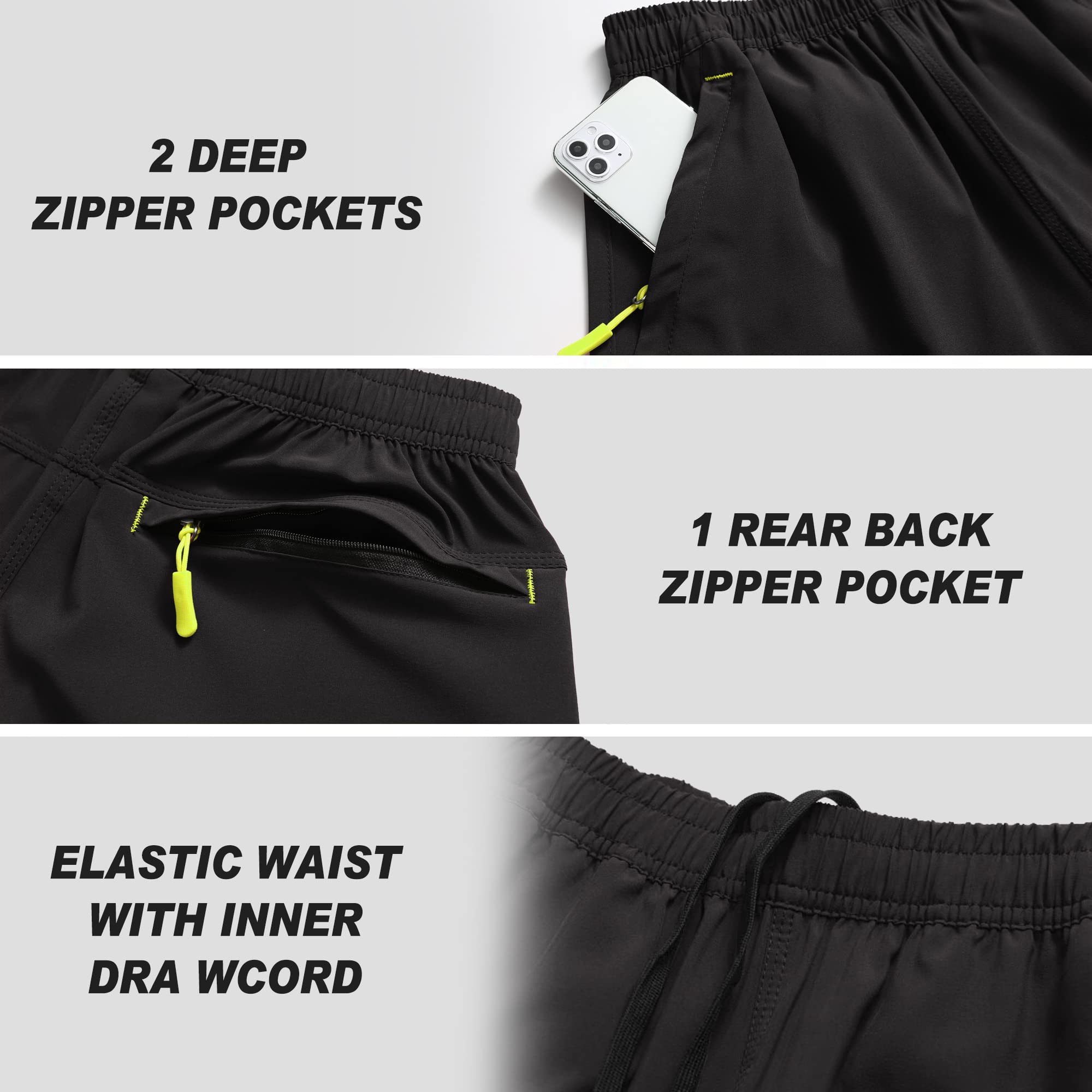 Mens Shorts Athletic 7 Inch Inseam Sports Quick Dry Fit Lightwight Casual Short with Zipper Pockets (Black, US XL)