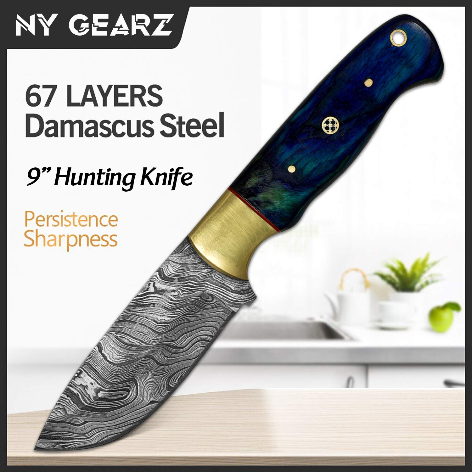 NYGEARZ Handmade Hunting Knife Damascus Steel Survival Fixed blade Knife Rose Wood Guards Handle 9" (9 Inches, Blue/Gold)