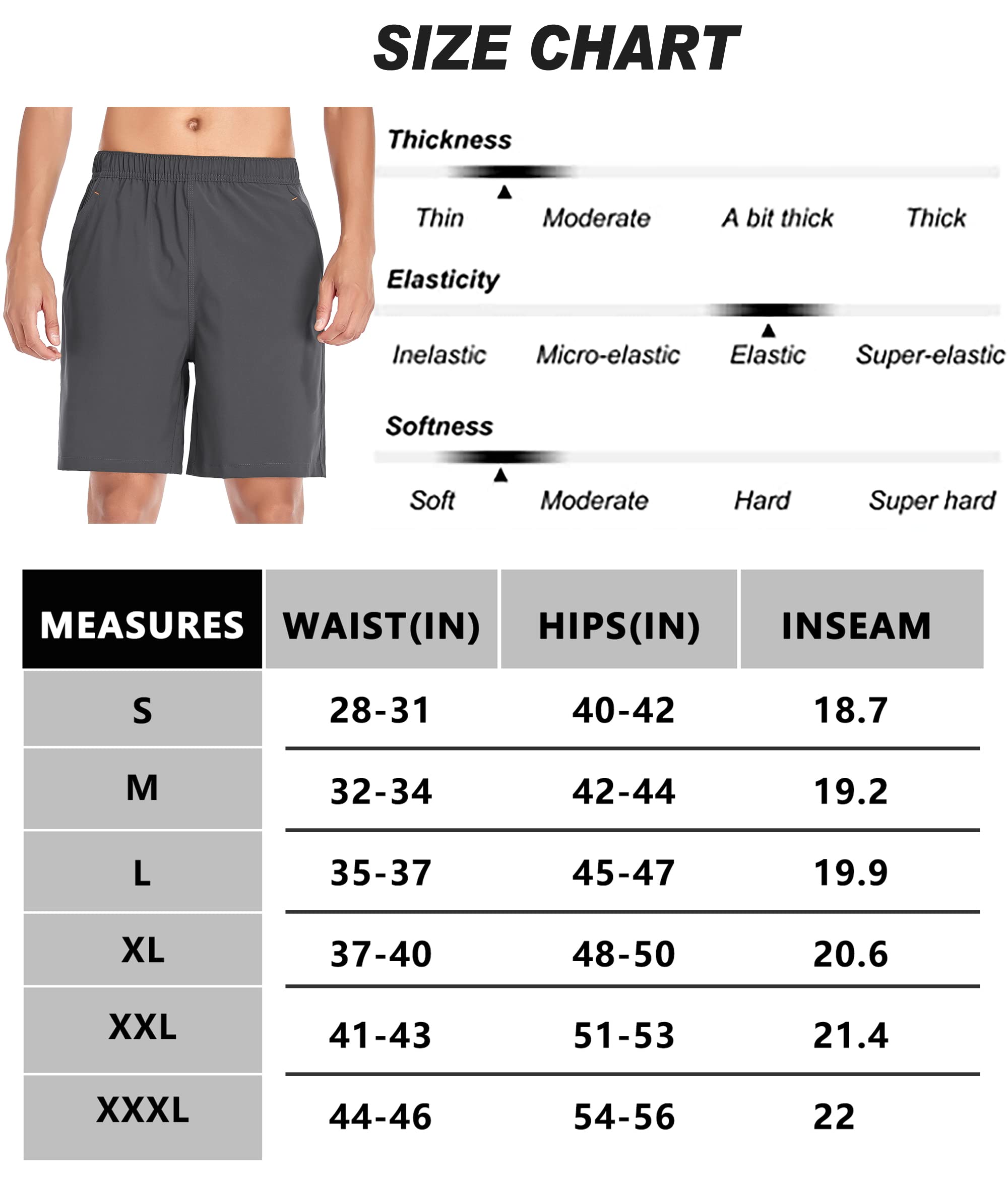 Selovzz Mens Shorts Casual 7 Inch Inseam Workout Athletic Quick Dry Lightwight Running Performance Short with Zipper Pockets (Dark Grey, US 3XL)