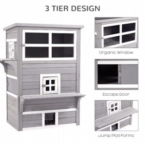 PawHut 3-Story Cat House Feral Cat Shelter, Outdoor Kitten Condo with Raised Floor, Asphalt Roof, Escape Doors, Jumping Platforms, Gray