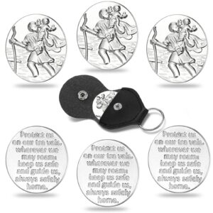 3 pieces saint christopher sign pocket coin token keepsake travel traveler protection protect catholic charm silver religious coins with 3 pieces black pu leather key chains for family friends prayer