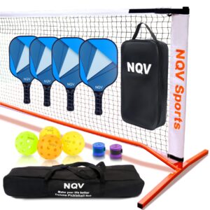 nqv pickleball set with net, pickleball set, regulation size pickleball net portable outdoor indoor driveway. 4 usapa approved graphite pickleball paddles+22ft net+4 pickleballs+2 bags+2 chalks