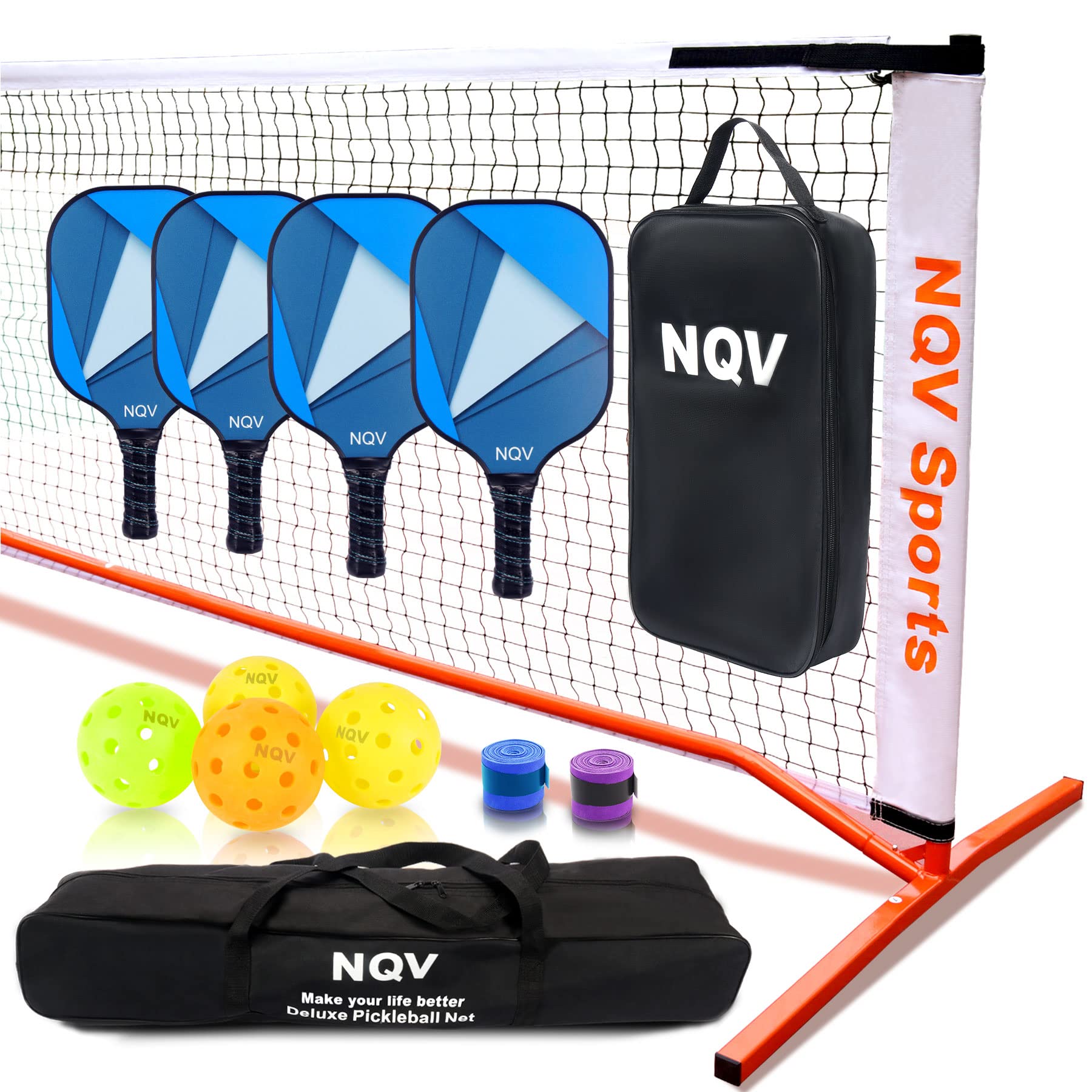 NQV Pickleball Set with Net, Pickleball Set, Regulation Size Pickleball Net Portable Outdoor Indoor Driveway. 4 USAPA Approved Graphite Pickleball Paddles+22ft Net+4 Pickleballs+2 Bags+2 Chalks