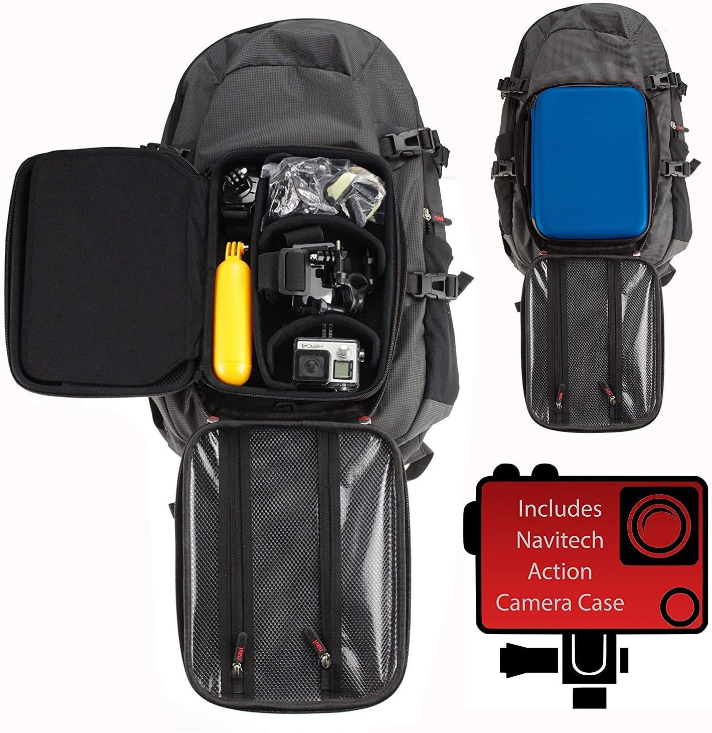 Navitech Action Camera Backpack & Blue Storage Case with Integrated Chest Strap - Compatible with Apexcam M90 Pro EIS Action Camera