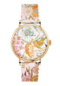 ted baker women's stainless steel quartz leather strap, 18 casual watch (model: bkpphs2359i), gold/pink floral