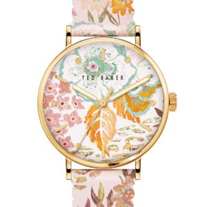 Ted Baker Women's Stainless Steel Quartz Leather Strap, 18 Casual Watch (Model: BKPPHS2359I), Gold/Pink Floral