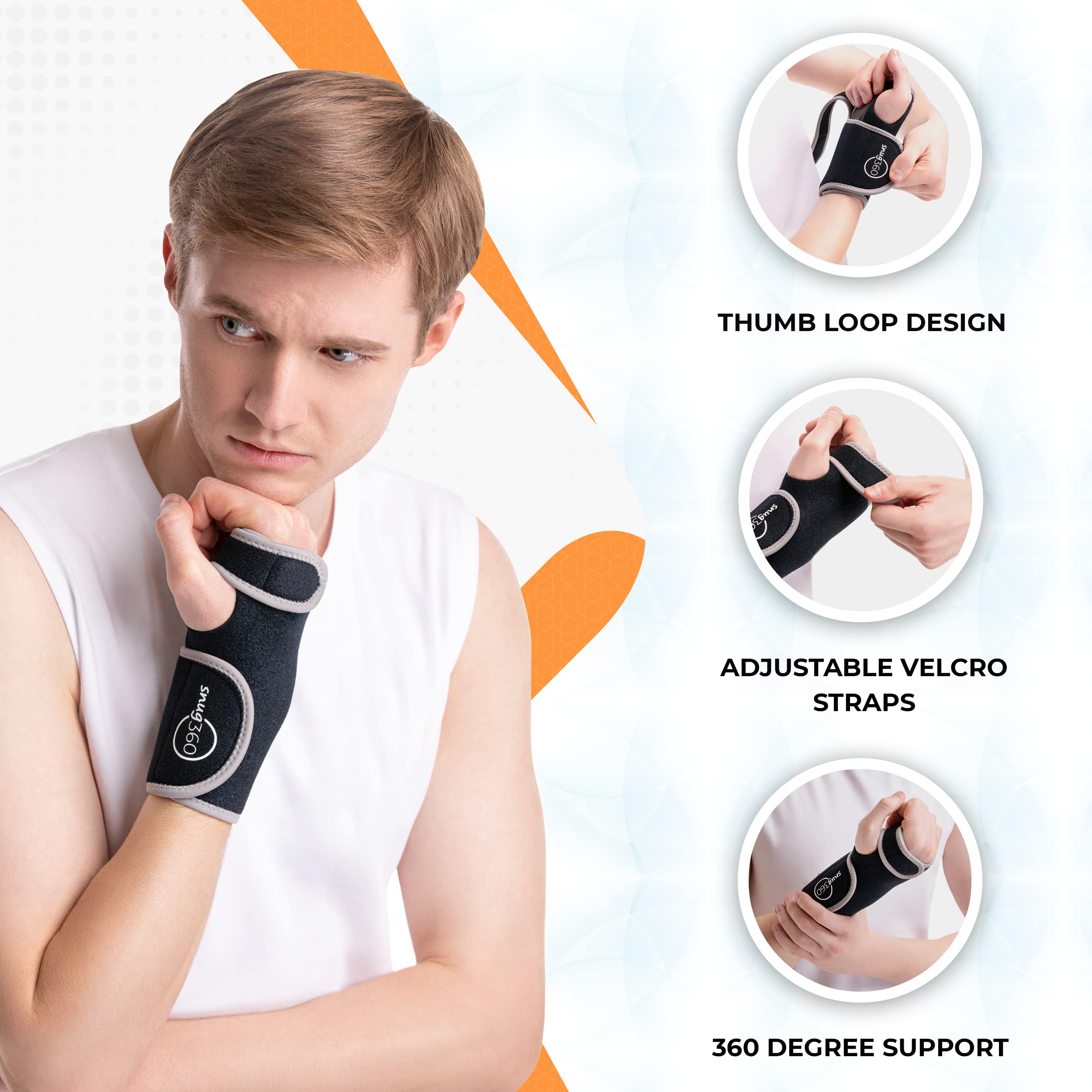 SNUG360 Wrist Brace with Splint - Adjustable & Breathable Wrist Support Brace for Carpal Tunnel, Tendonitis, Arthritis, Sprain & Fracture, Removable Aluminum Splint (Right Hand)