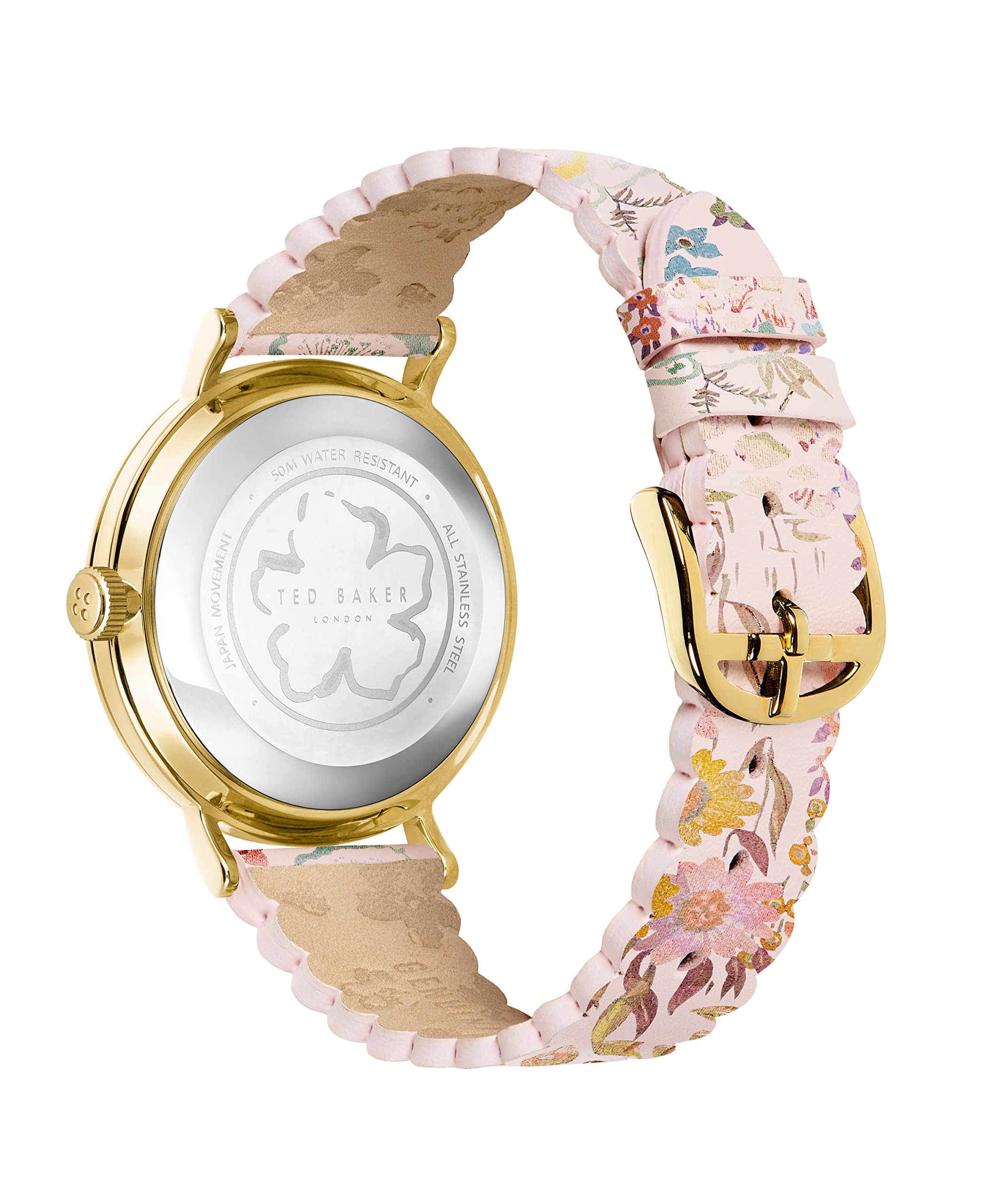 Ted Baker Women's Stainless Steel Quartz Leather Strap, 18 Casual Watch (Model: BKPPHS2359I), Gold/Pink Floral