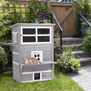 PawHut 3-Story Cat House Feral Cat Shelter, Outdoor Kitten Condo with Raised Floor, Asphalt Roof, Escape Doors, Jumping Platforms, Gray