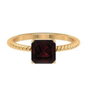 real garnet solitaire twisted rope ring for women (8 mm asscher, aaa quality, january birthstone jewelry), 14k yellow gold, size:us 6.50