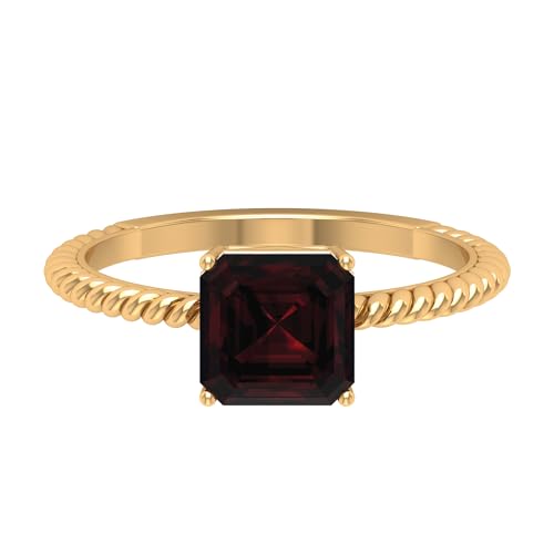 Real Garnet Solitaire Twisted Rope Ring for Women (8 MM Asscher, AAA Quality, January Birthstone Jewelry), 14K Yellow Gold, Size:US 6.50