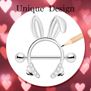 Melighting Bunny Nipple Rings 14G Nipple Piercing Jewelry Surgical Steel 316L Rosy Ear Clear CZ Dainty Nipple Piercing Barbell for Women