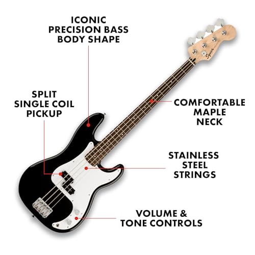 Squier by Fender Bass Guitar Kit, with 2-Year Warranty, Laurel Fingerboard, Black, Poplar Body, Includes Rumble 15G Amp, Padded Guitar Bag, Cable, Guitar Strap, and More