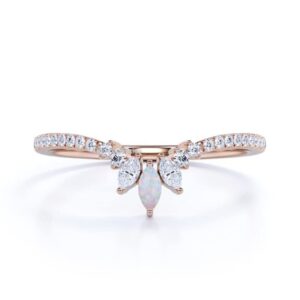 rosie collection marquise shaped created opal & cz 14k rose gold plated sterling silver v shaped crown dainty curved wedding band ring 7