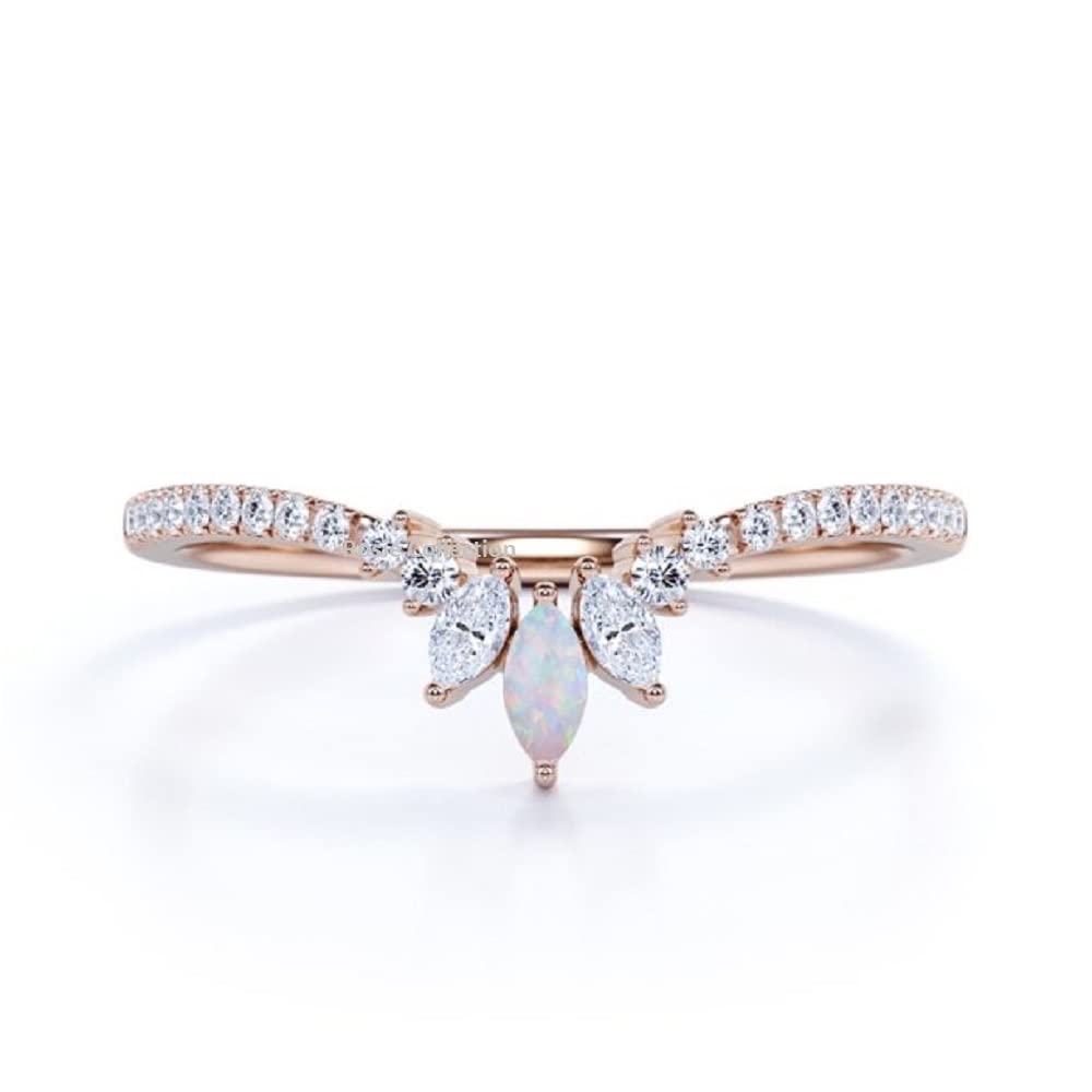 Rosie Collection Marquise Shaped Created Opal & CZ 14K Rose Gold Plated Sterling Silver V Shaped Crown Dainty Curved Wedding Band Ring 7