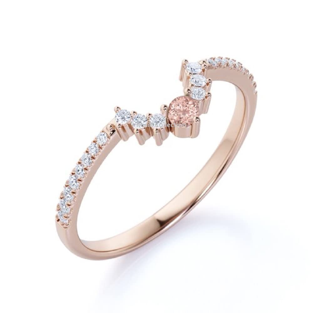 Rosie Collection 14K Rose Gold Plated Sterling Silver 925 Created Morganite & CZ Tiara Crown Dainty Curved Wedding Band Ring 5