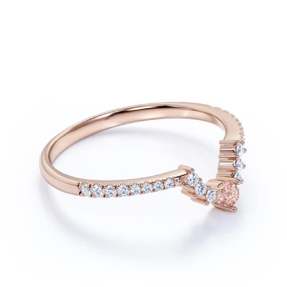 Rosie Collection 14K Rose Gold Plated Sterling Silver 925 Created Morganite & CZ Tiara Crown Dainty Curved Wedding Band Ring 5