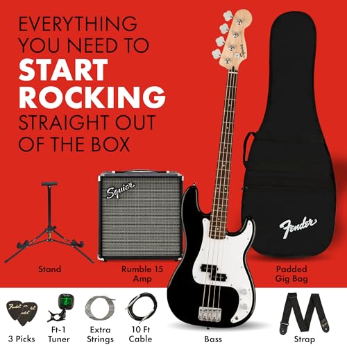 Squier by Fender Bass Guitar Kit, with 2-Year Warranty, Laurel Fingerboard, Black, Poplar Body, Includes Rumble 15G Amp, Padded Guitar Bag, Cable, Guitar Strap, and More